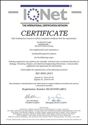Das IQNet-Zertifikat (1) ist international und besagt, dass die LD DIDACTIC ein Qualitätsmanagementsystem eingeführt hat anwendet und somit nach ISO 9001: 2015 zertifiziert ist 