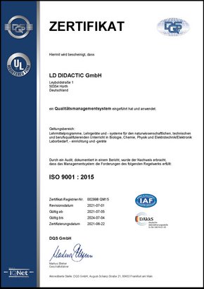 Das Zertifikat der DQS besagt, dass die LD DIDACTIC ein Qualitätsmanagementsystem eingeführt hat anwendet und somit nach ISO 9001: 2015 zertifiziert ist 