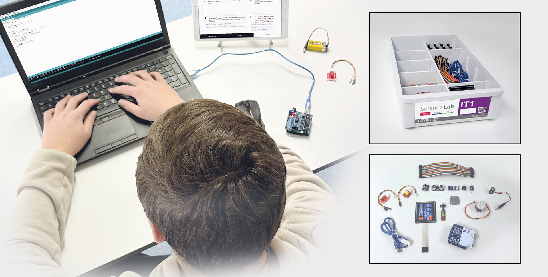 Beim Schülerversuch Science Lab Arduino lernen Schülerinnen und Schüler spielerisch die Welt der Mikrocontroller-Programmierung kennen. Die Abbildung zeigt den Inhalt sowie den Schub Science Lab Arduino IT1.