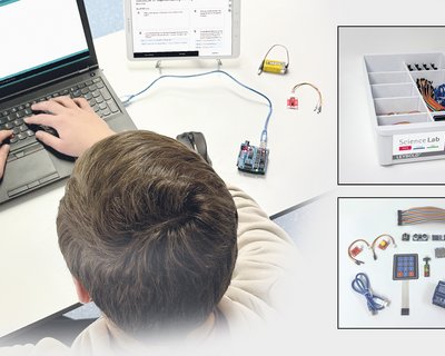 Beim Schülerversuch Science Lab Arduino lernen Schülerinnen und Schüler spielerisch die Welt der Mikrocontroller-Programmierung kennen. Die Abbildung zeigt den Inhalt sowie den Schub Science Lab Arduino IT1.